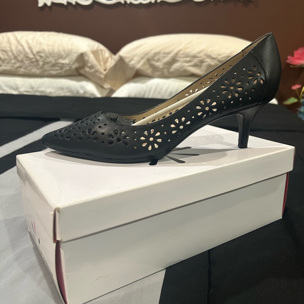 Black Kitten Heel Pumps with Perforated Design